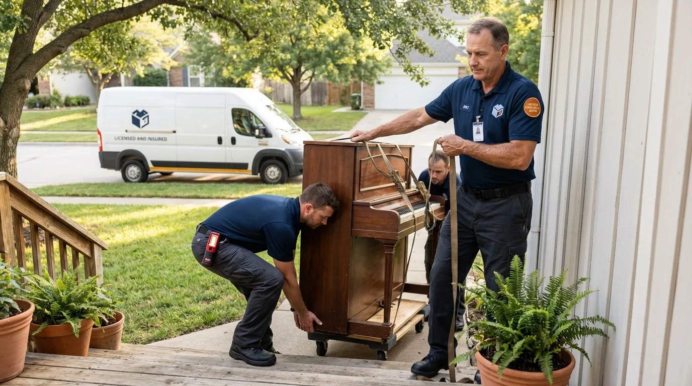Licensed piano movers securing grand piano in Roseland, NJ