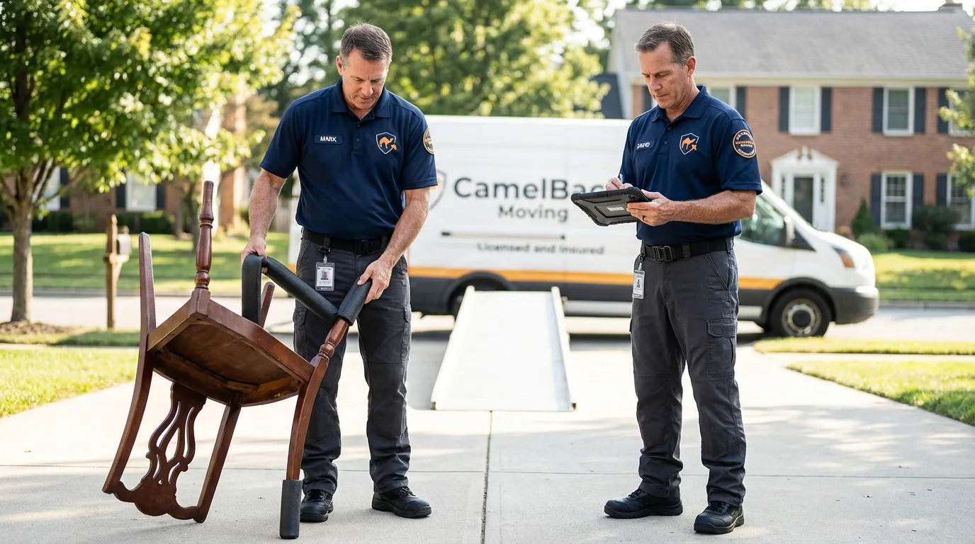 Movers inspecting furniture for damage prevention before loading in Roseland, NJ