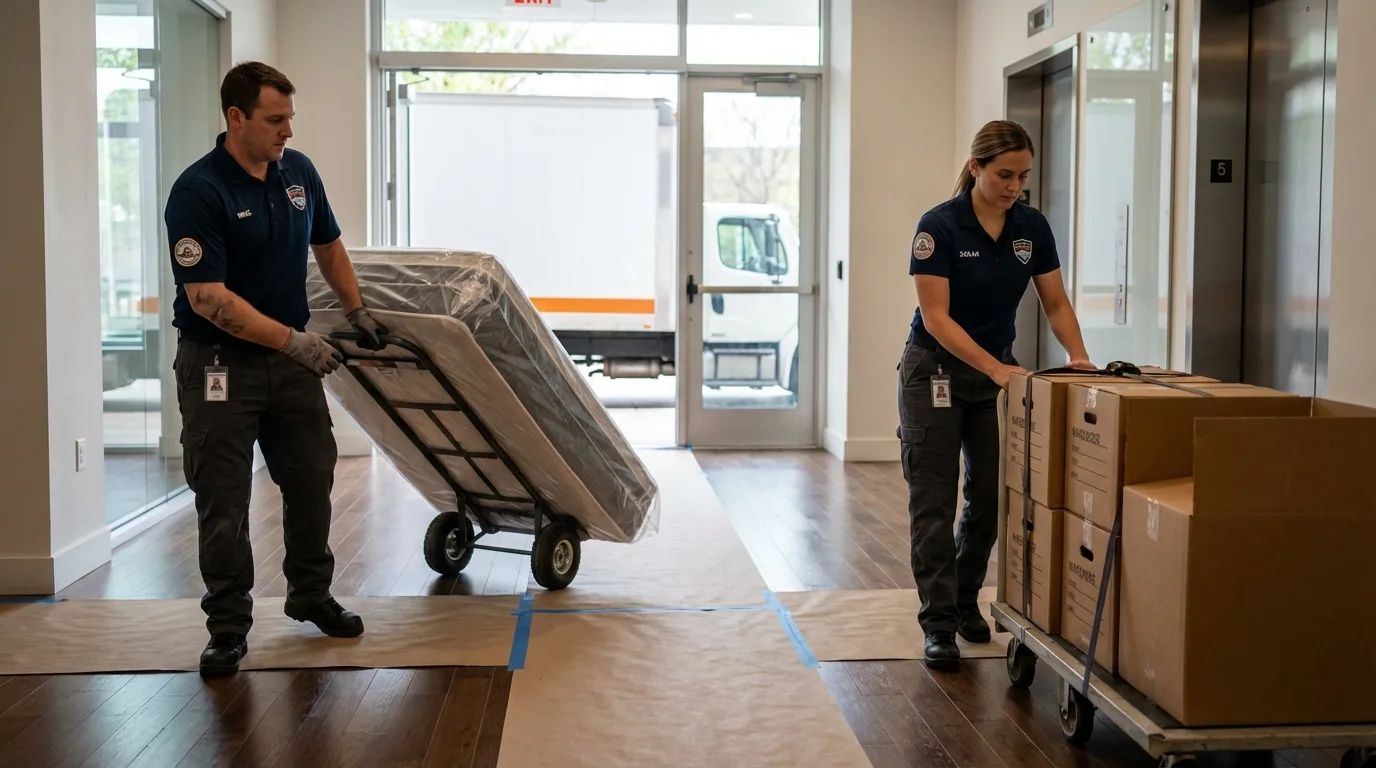 Professional apartment movers loading elevator in Roseland, NJ
